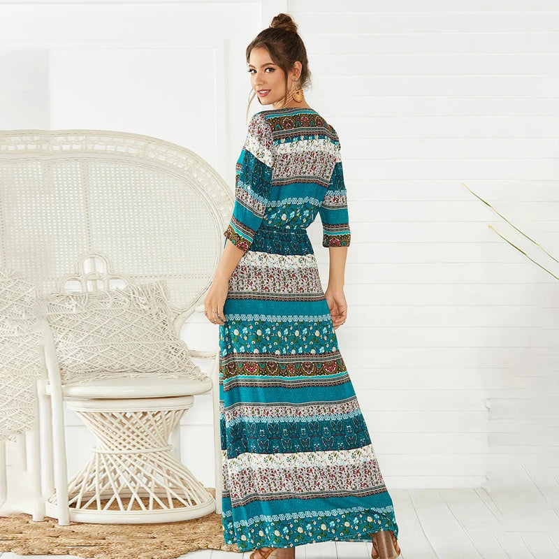 NEW Boho dress chic floral print maxi long dresses V-neck