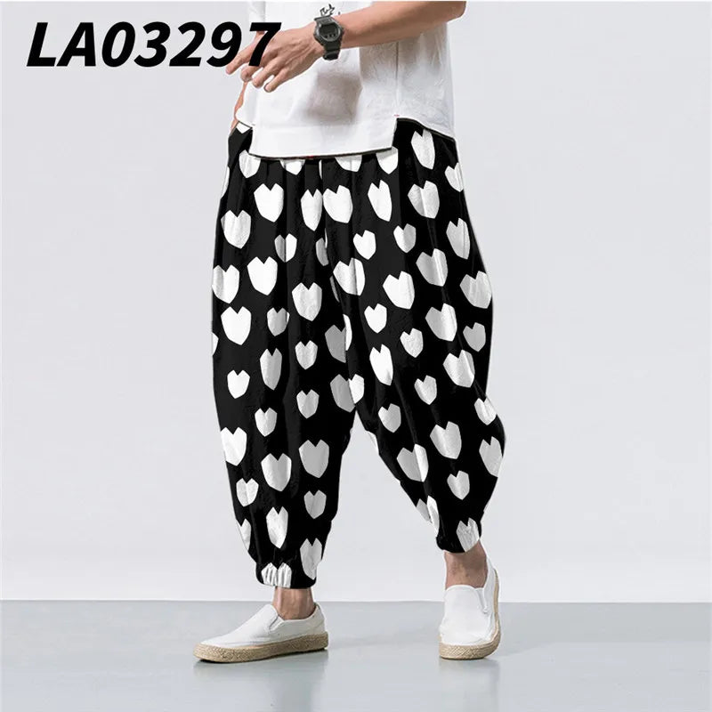 Oversize 6XL Summer Floral Crane Printed Casual Beach Harem Pants Men