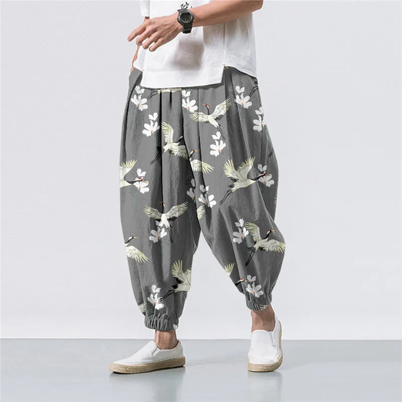 Oversize 6XL Summer Floral Crane Printed Casual Beach Harem Pants Men
