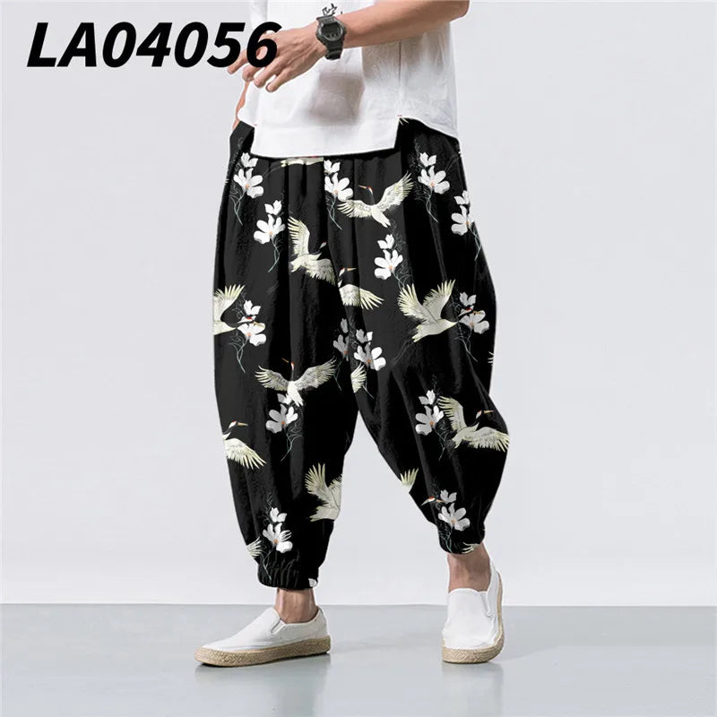 Oversize 6XL Summer Floral Crane Printed Casual Beach Harem Pants Men