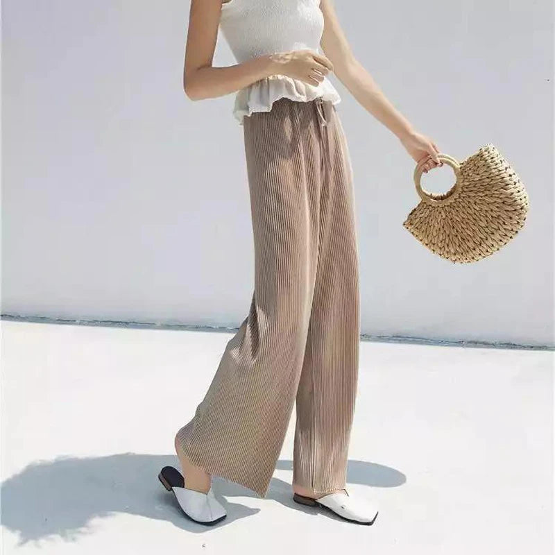 Women Fashion Summer Wide Leg Pants Pleated Ice Silk