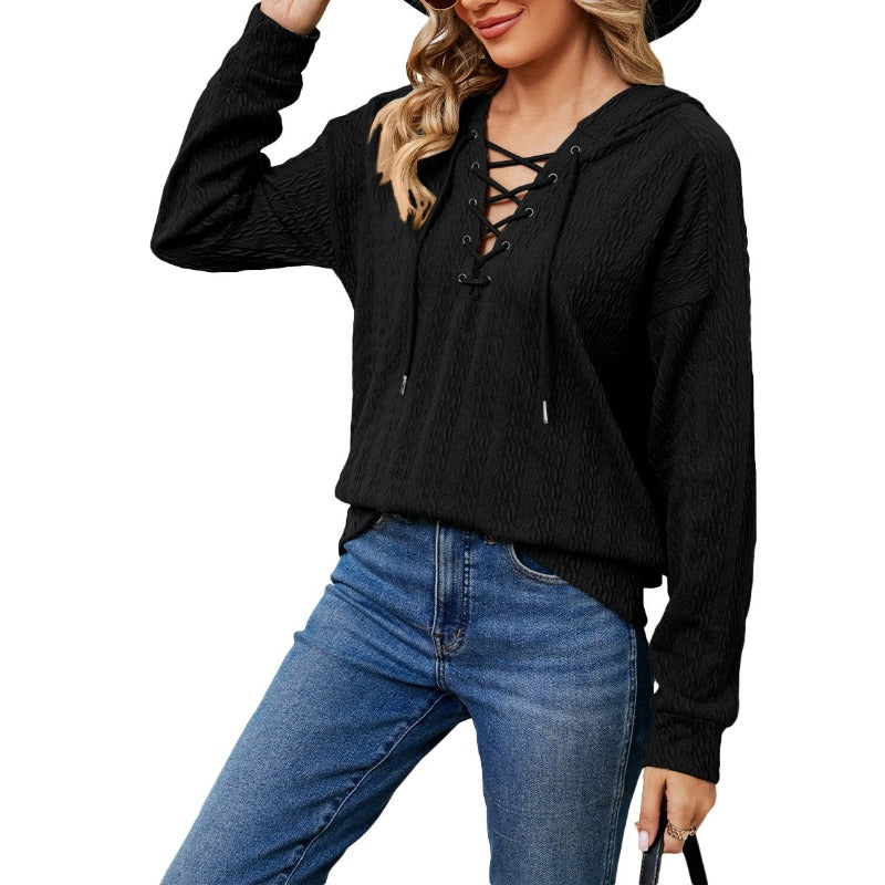 Autumn and Winter Women's Pullover Hooded Long Sleeve Solid Lace Up