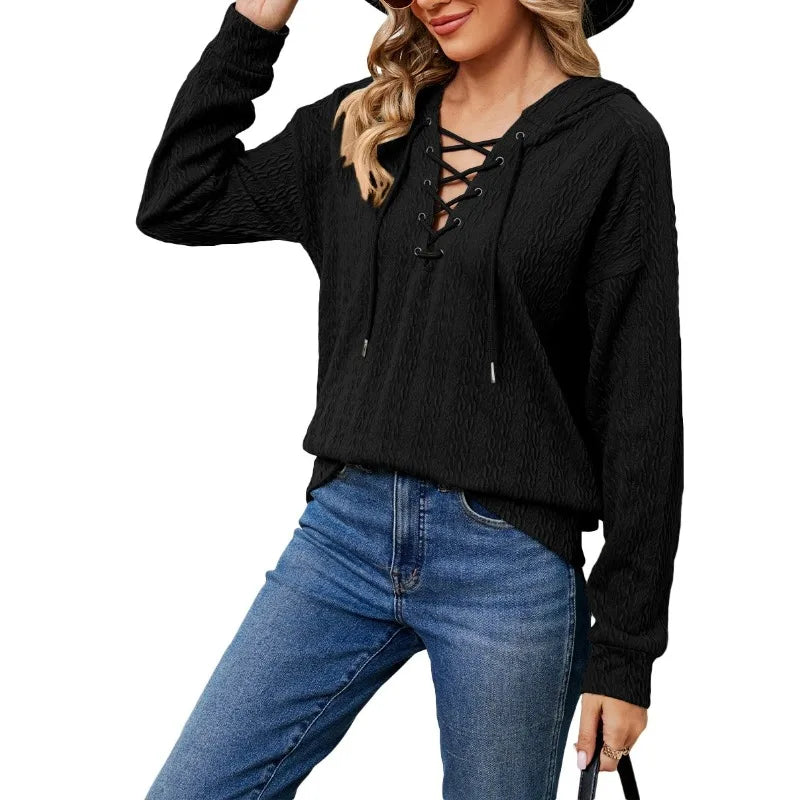 Autumn and Winter Women's Pullover Hooded Long Sleeve Solid Lace Up
