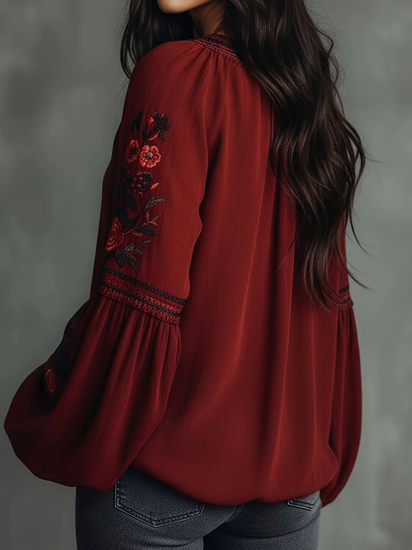 Plus Size Boho Floral Embroidery Blouse