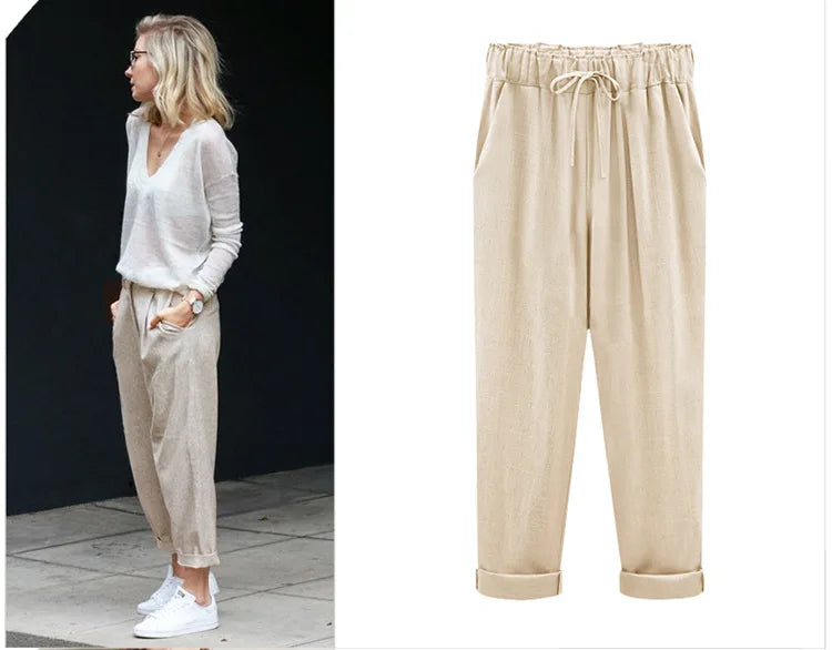 Cotton Linen Pants, Elastic Mid Waist Ankle, Female Slacks Size M-5XL 6XL 7XL 8XL