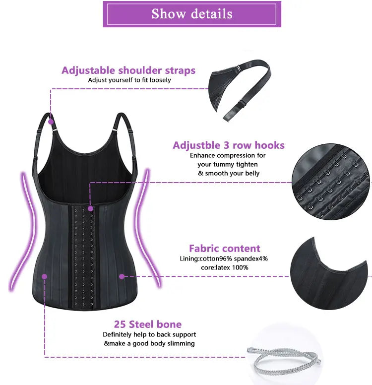 Plus Size Women Adjustable Strap  Latex Waist Trainer 25 Steel Bones Vest Cincher Under bust Corset