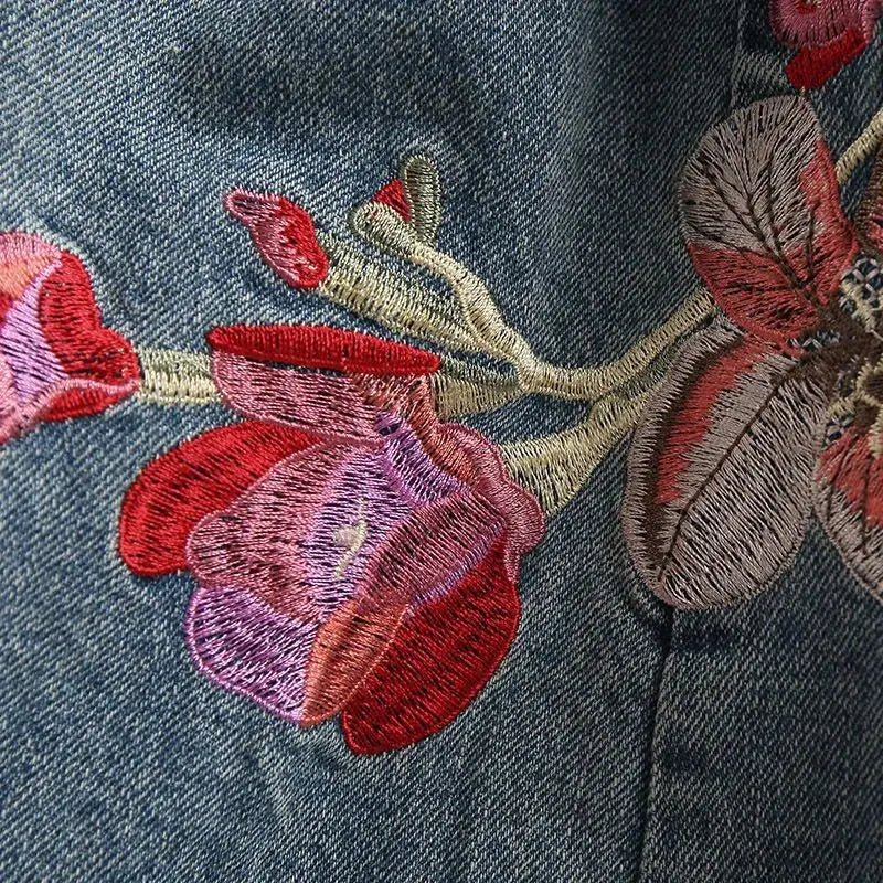 Indie Folk Embroidery Denim Vintage Elastic High Waist