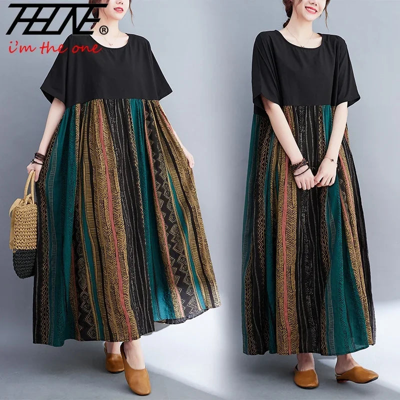 Dress for Women Plus Size Casual Cotton Linen Loose Bohemian Maxi