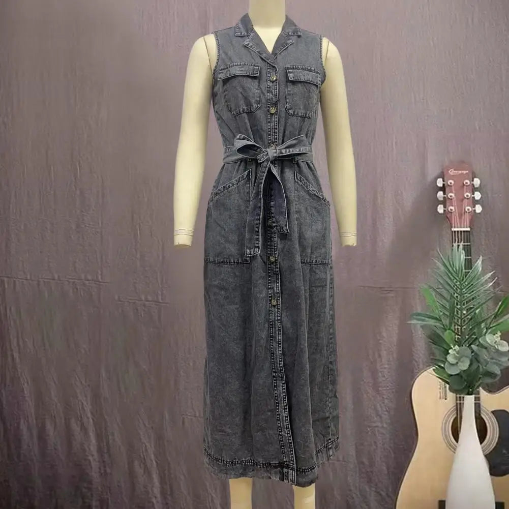 Women Sleeveless Long Belted Waist Cinching Single Button Denim Dress