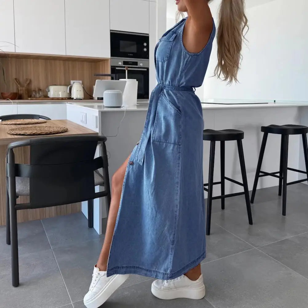 Women Sleeveless Long Belted Waist Cinching Single Button Denim Dress