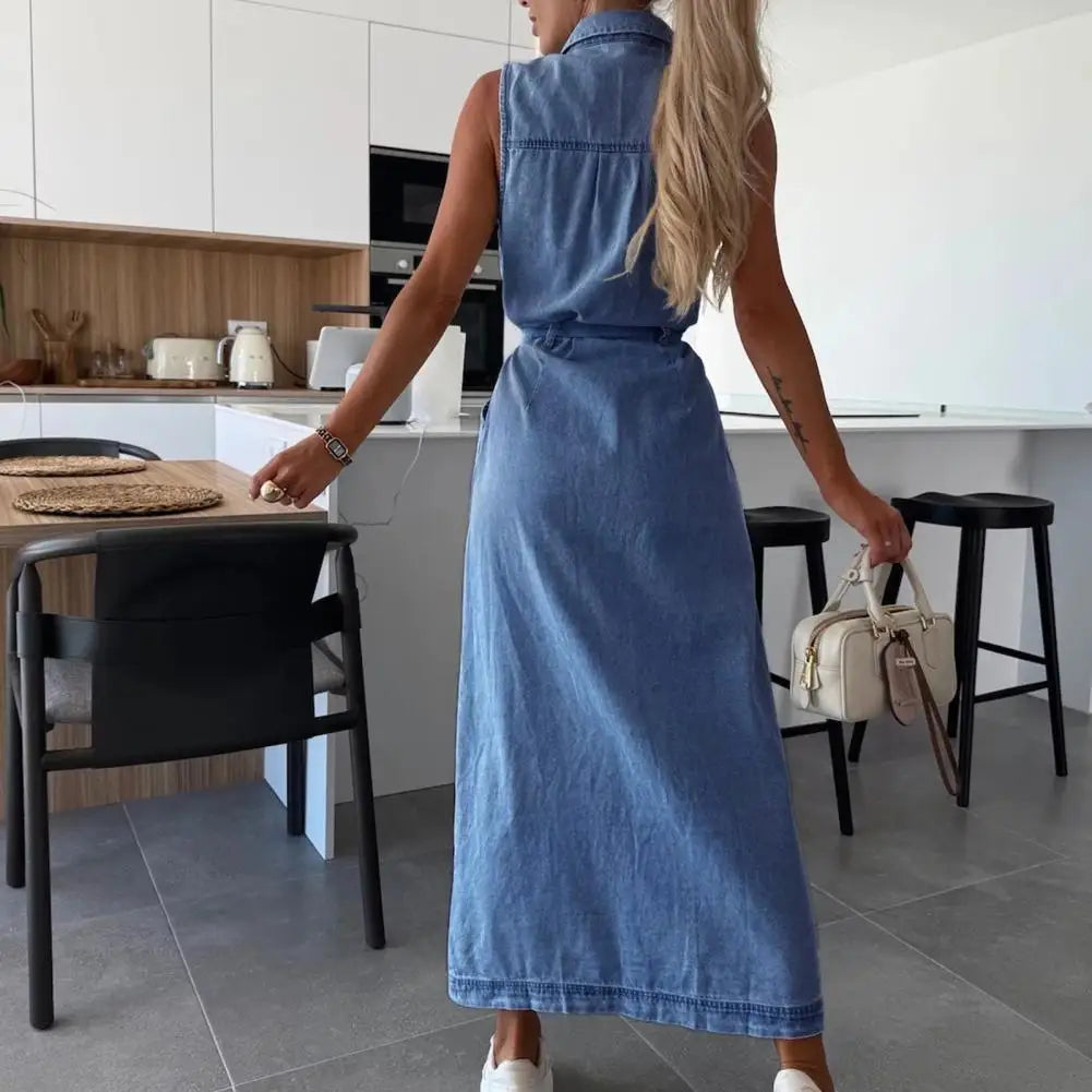 Women Sleeveless Long Belted Waist Cinching Single Button Denim Dress