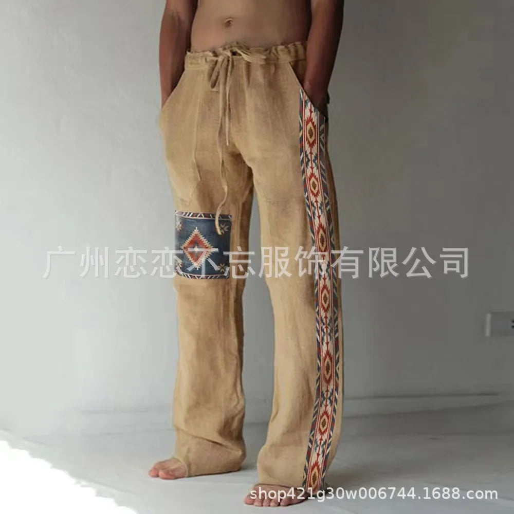 1 Mens Summer Beach Drawstring Ethnic Style Casual Straight Leg Trousers