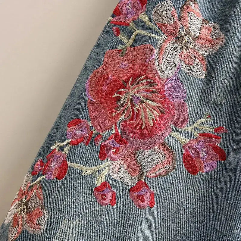 Indie Folk Embroidery Denim Vintage Elastic High Waist