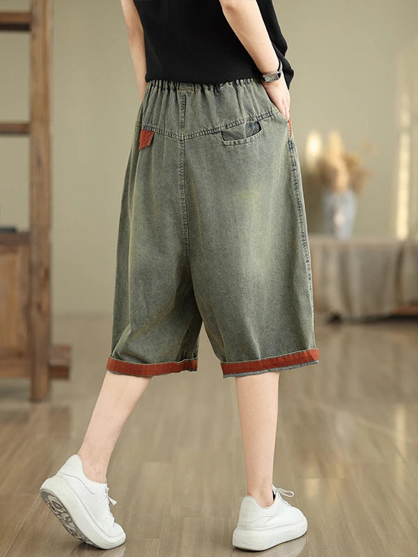 Retro Distressed Denim Belted Slimming Casual Wide Leg Pant