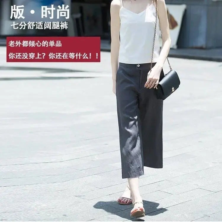 Womens Calf-length Pants Button Pockets Zipper