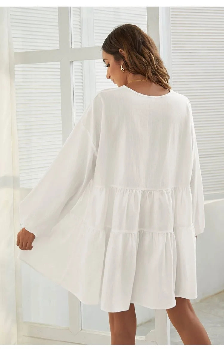 Women's Loose V-Neck Casual Long Sleeve Dress