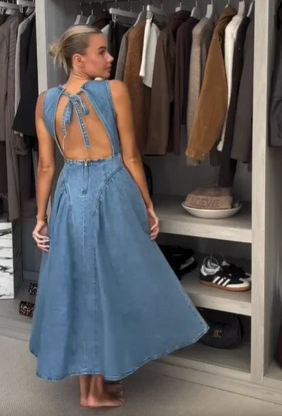 Chic Backless Lace Up Denim Dress