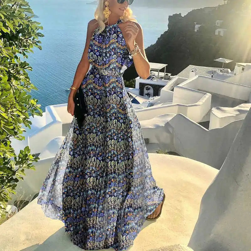 Women Boho Polka Dot Print Chiffon Pleated Maxi Dress