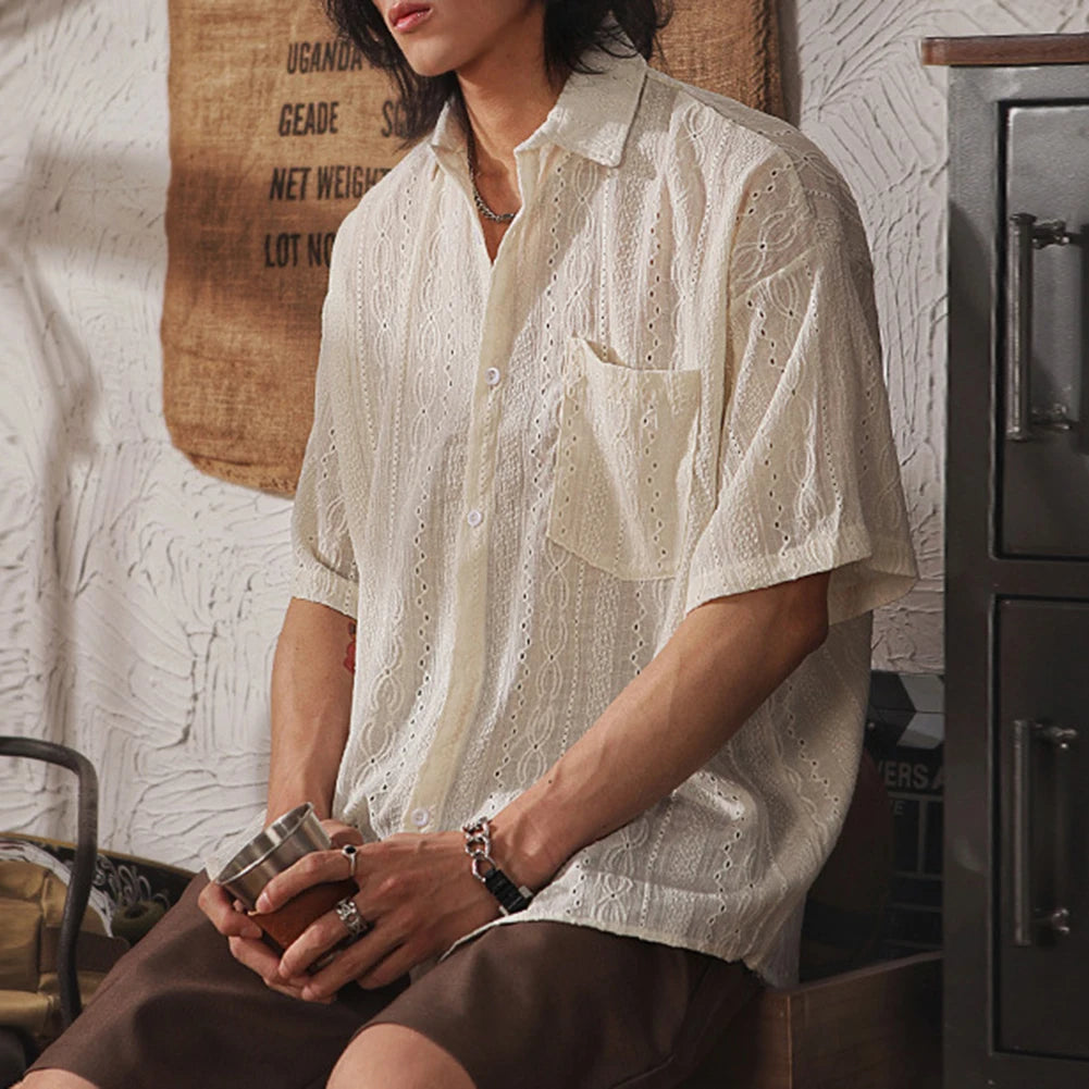 Men Casual Loose Hollow Out Short Sleeve Shirt