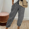Women's Casual Striped Cotton Linen Pants Elastic Waist