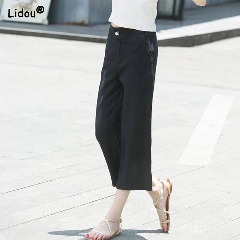 Womens Calf-length Pants Button Pockets Zipper