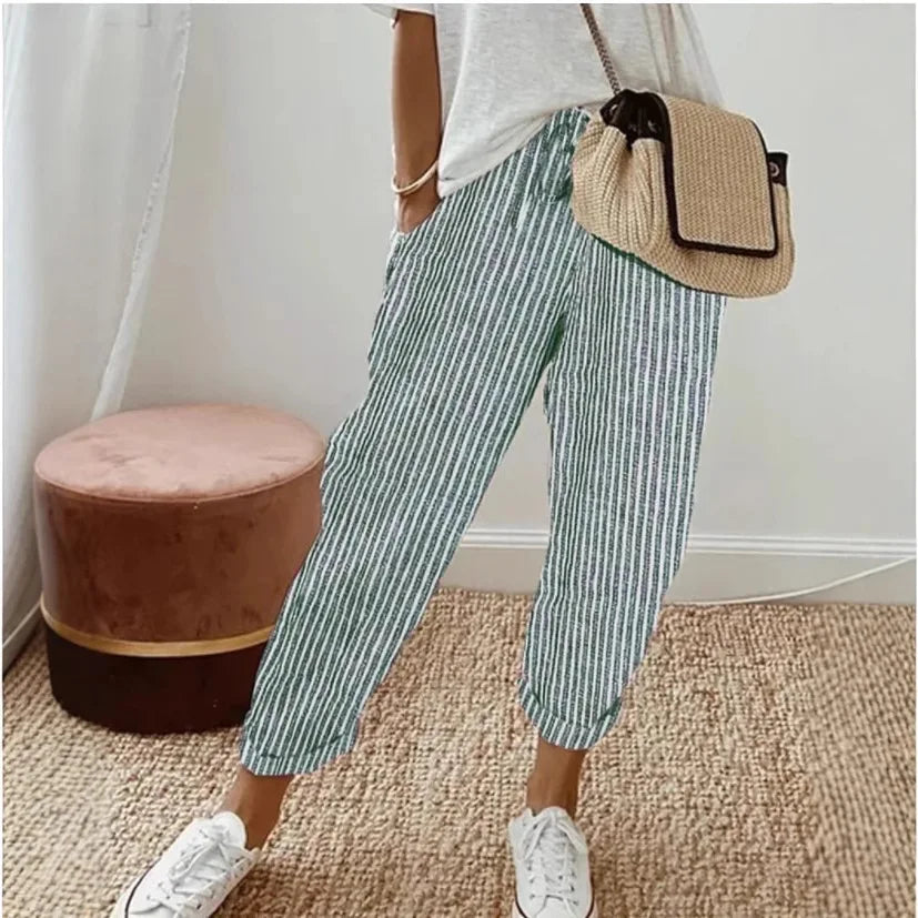 Women's Casual Striped Cotton Linen Pants Elastic Waist