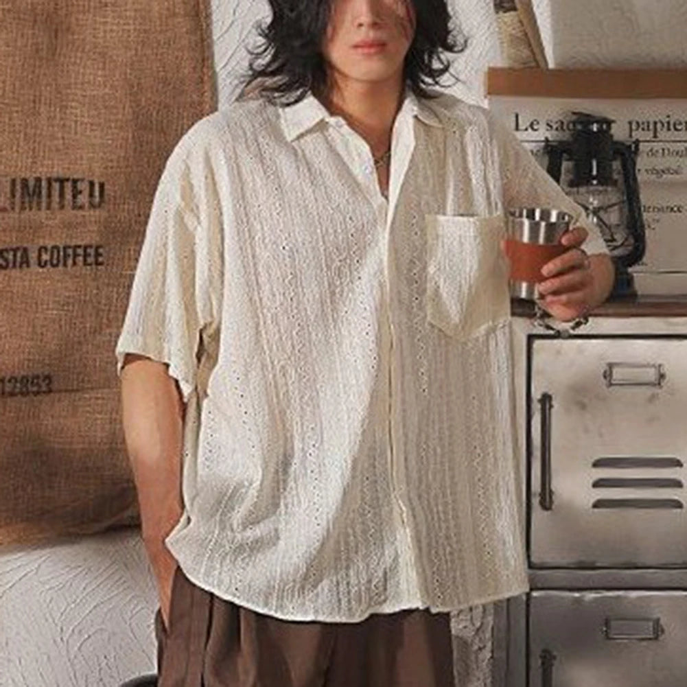 Men Casual Loose Hollow Out Short Sleeve Shirt