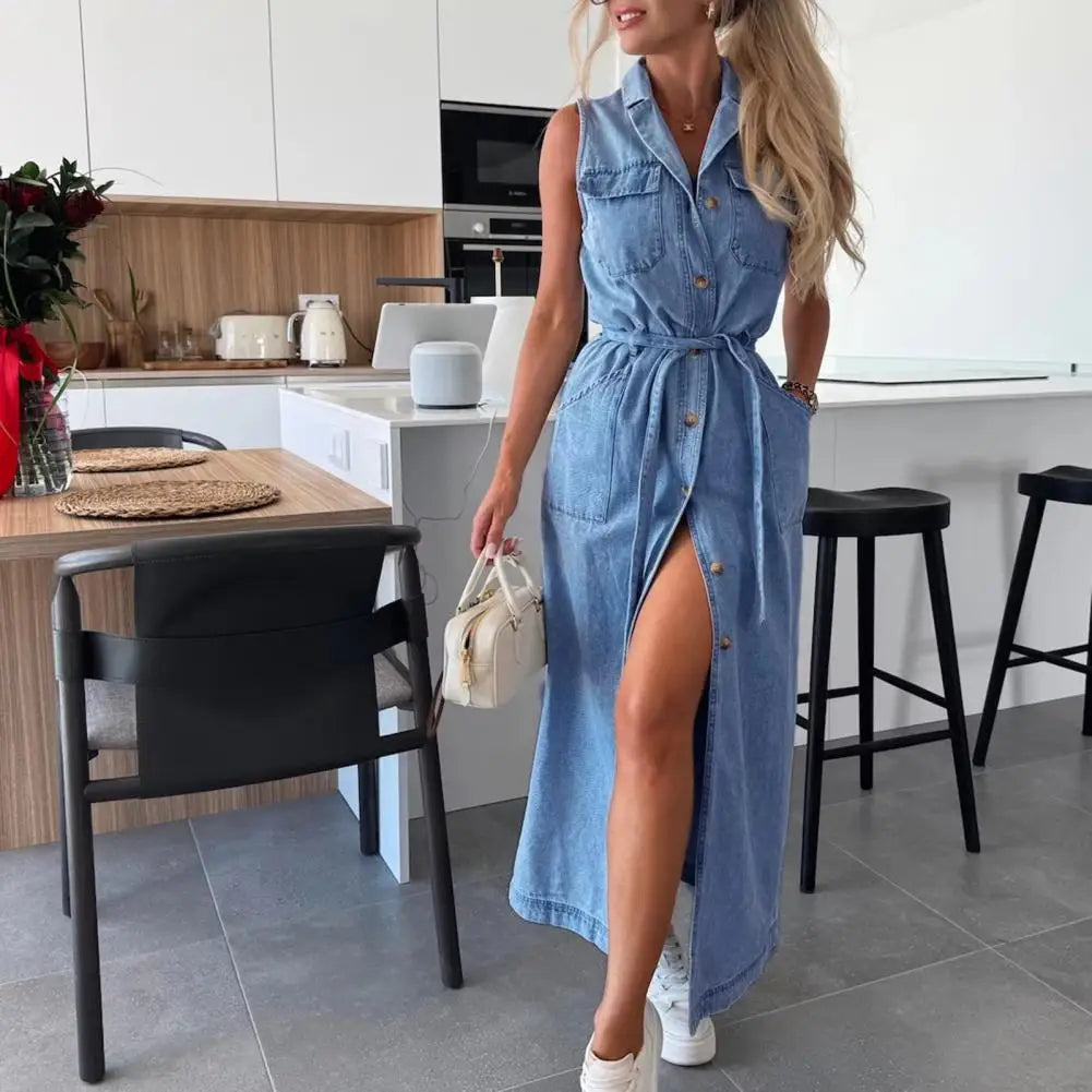 Women Sleeveless Long Belted Waist Cinching Single Button Denim Dress