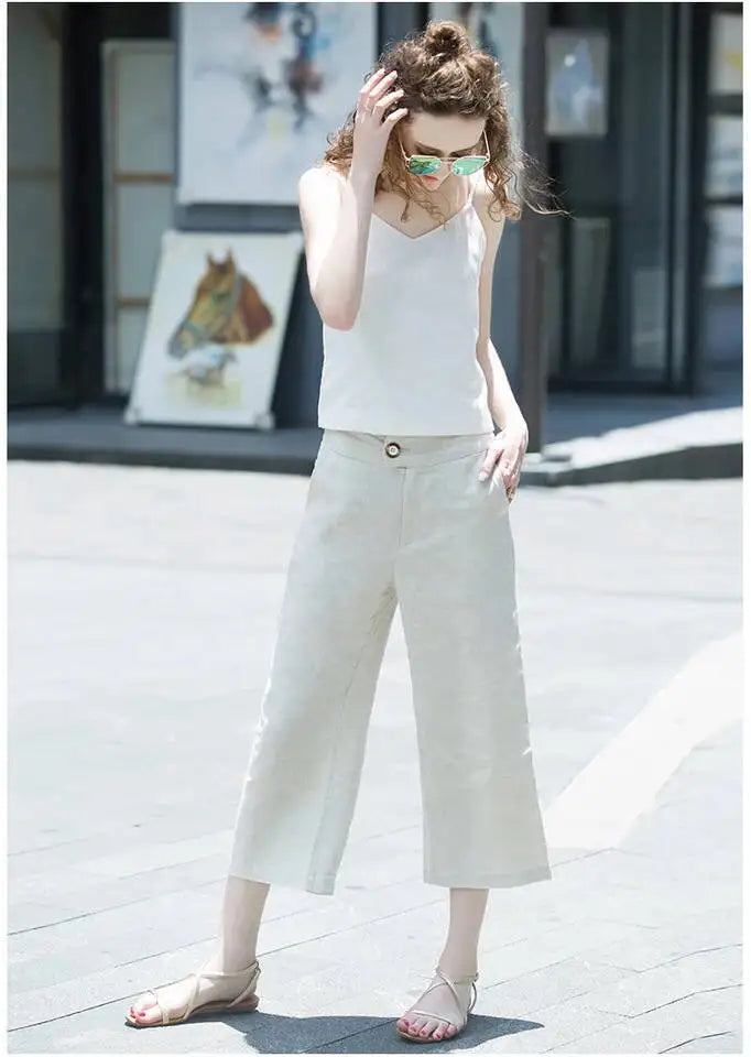 Womens Calf-length Pants Button Pockets Zipper
