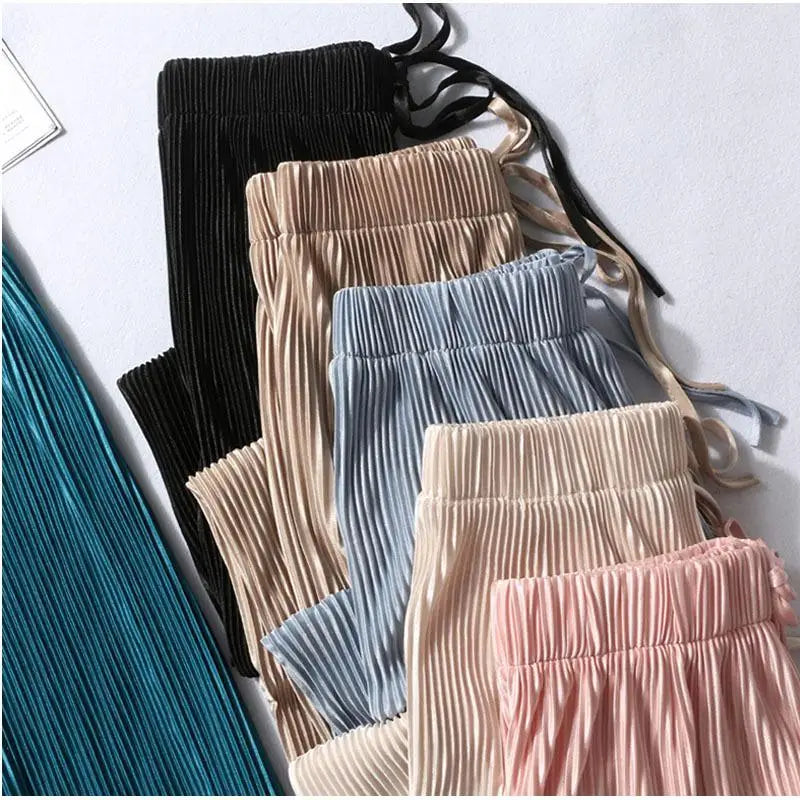 Women Fashion Summer Wide Leg Pants Pleated Ice Silk