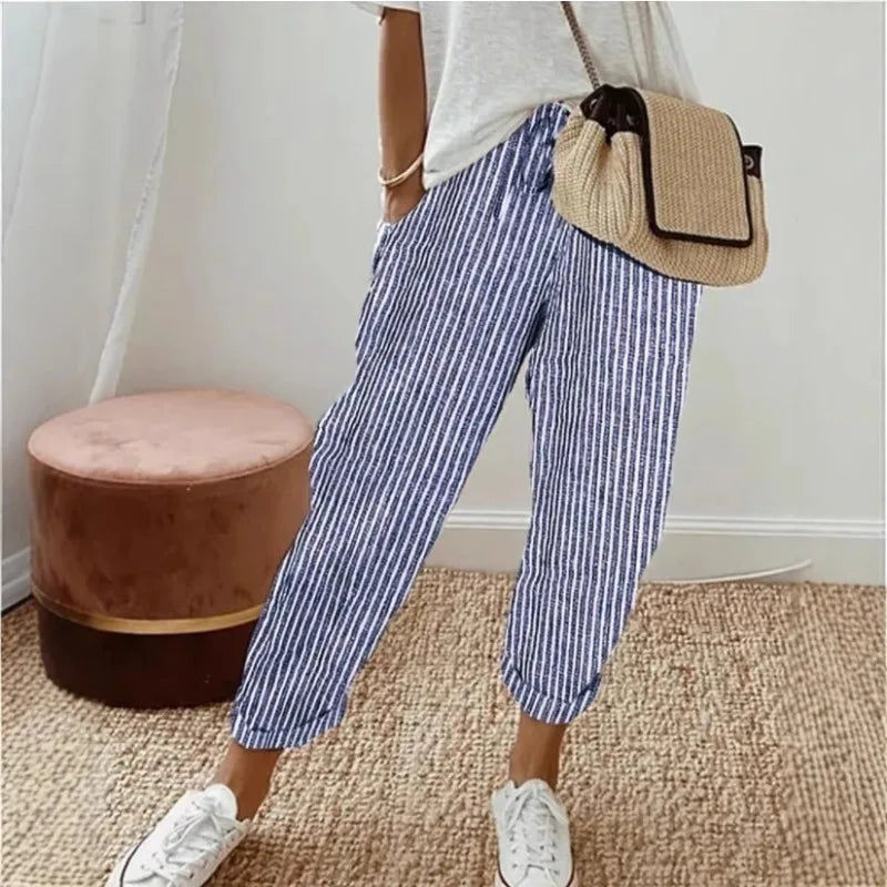 Women's Casual Striped Cotton Linen Pants Elastic Waist