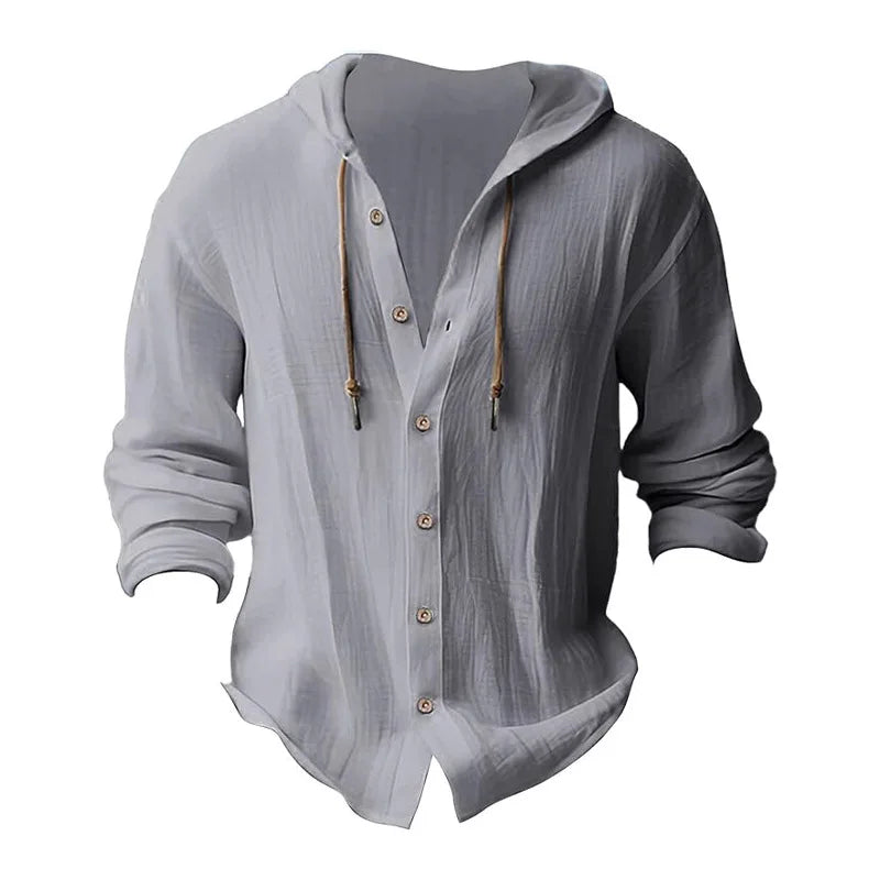 Men's solid color casual shirt, hooded drawstring