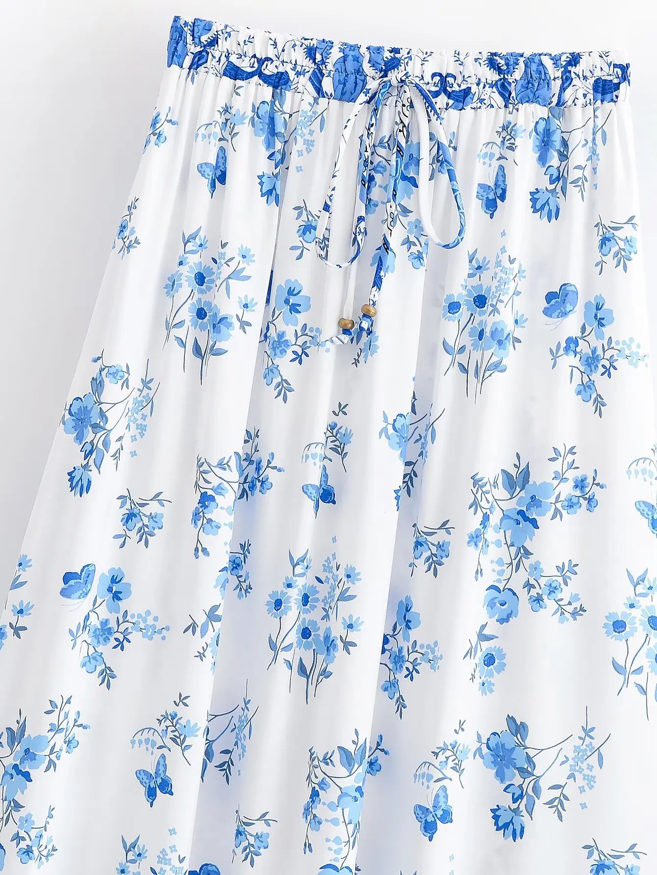 BOHO White With Blue Floral Print Long Skirt