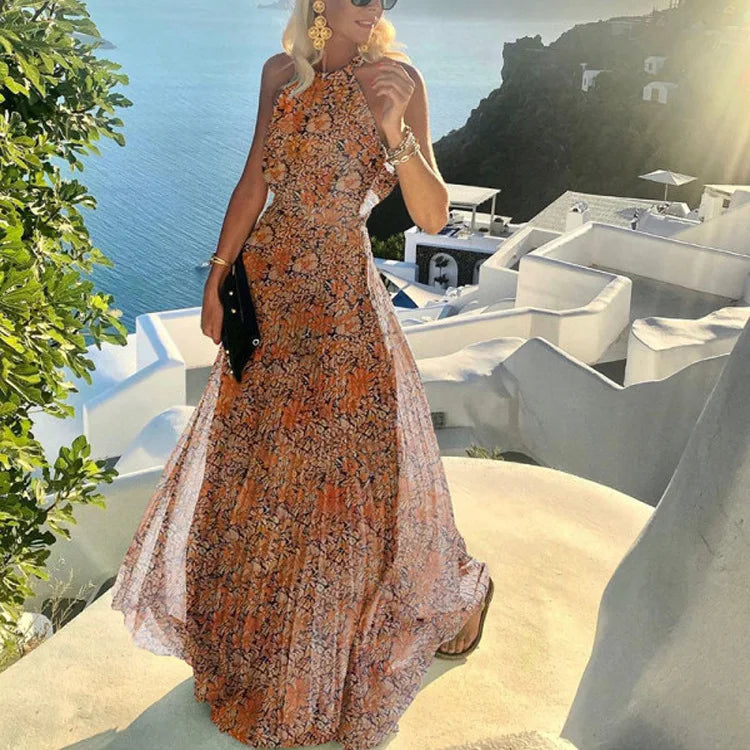 Women Boho Polka Dot Print Chiffon Pleated Maxi Dress