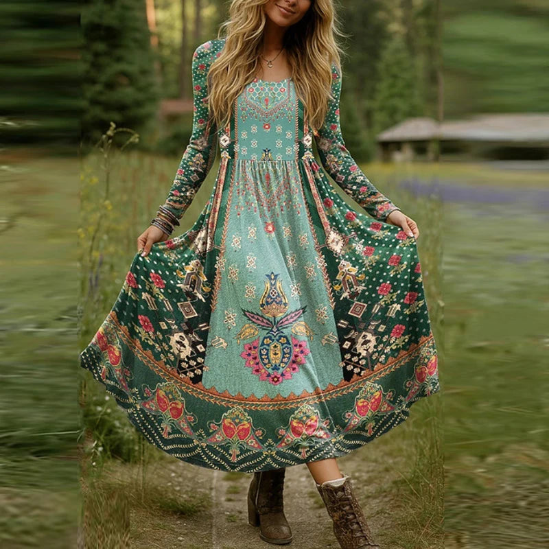 Plus Size Women Dress Boho O Neck Long Sleeve A-line Party Dresses