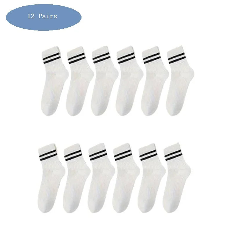 1/6/12 Pairs Mens women Socks High-quality Simple Casual Black White Striped Socks Breathable Mid Tube Sock Basketball Race Sock
