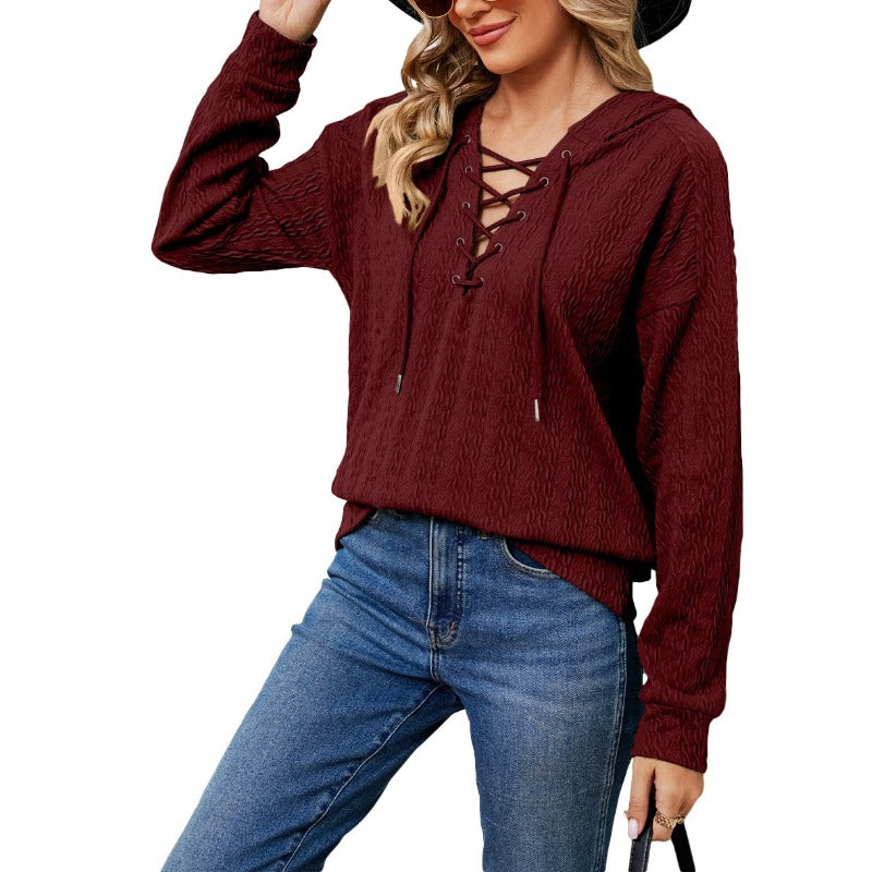 Autumn and Winter Women's Pullover Hooded Long Sleeve Solid Lace Up