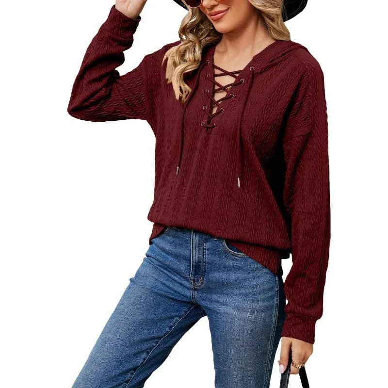 Autumn and Winter Women's Pullover Hooded Long Sleeve Solid Lace Up