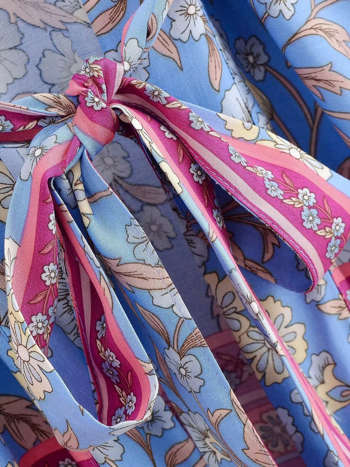 BOHO Women Light Blue Contrast Floral Print Kimono Shirt