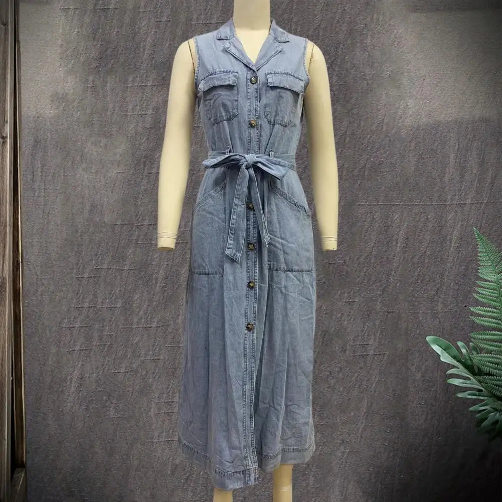 Women Sleeveless Long Belted Waist Cinching Single Button Denim Dress