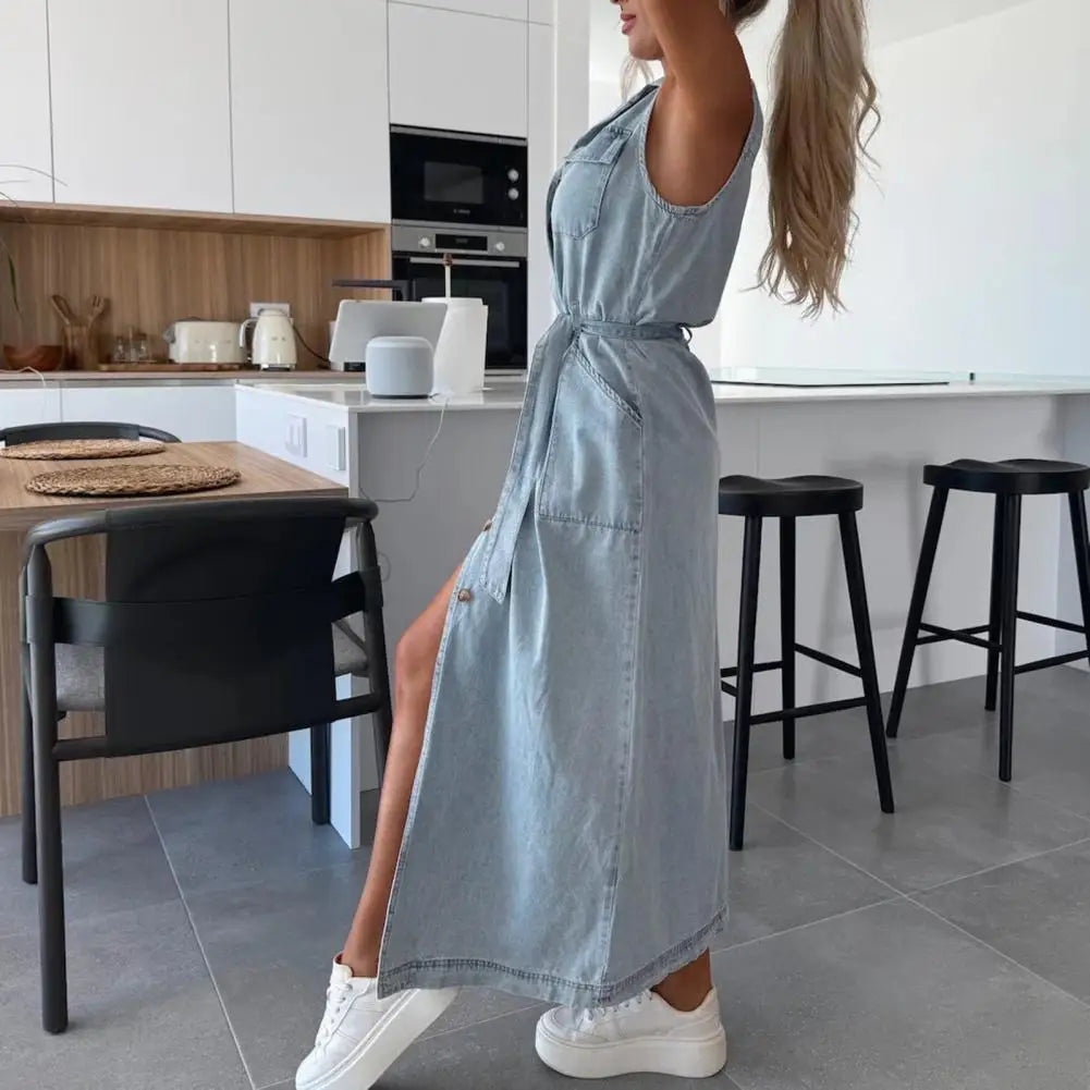Women Sleeveless Long Belted Waist Cinching Single Button Denim Dress