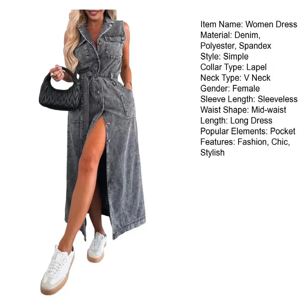 Women Sleeveless Long Belted Waist Cinching Single Button Denim Dress