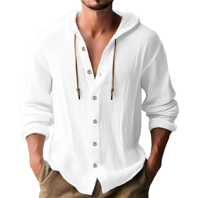 Men's solid color casual shirt, hooded drawstring