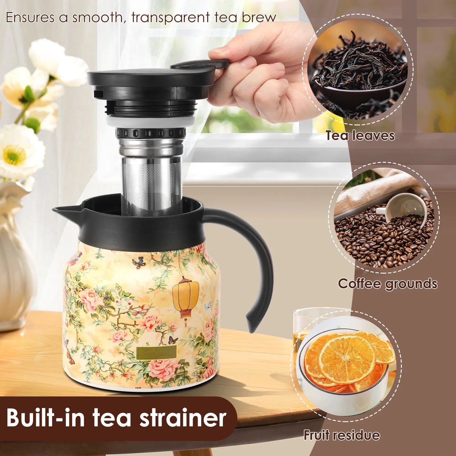 800/1000 ML Vintage Floral Tea Thermos Stainless Steel Tea Kettle