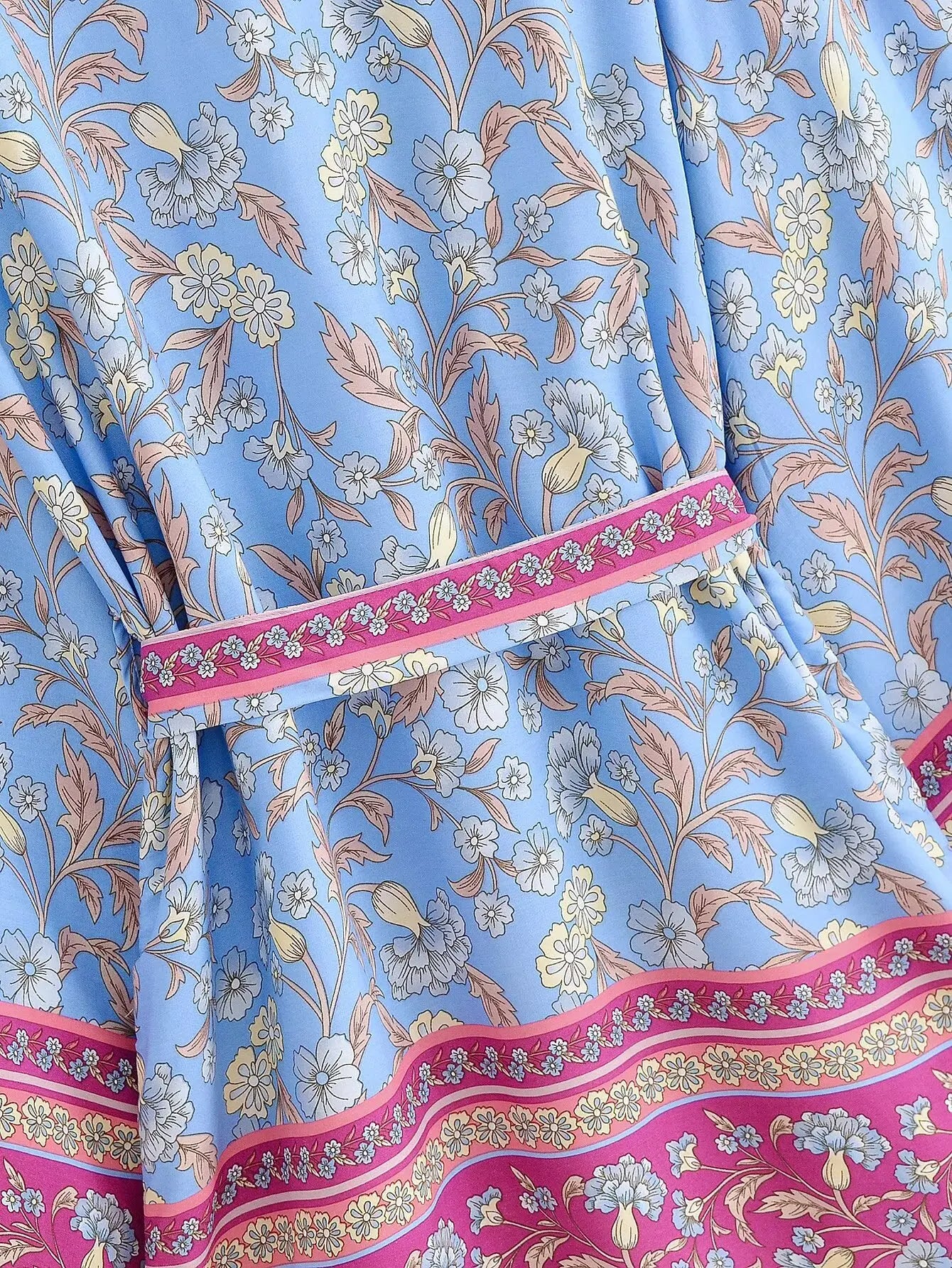 BOHO Women Light Blue Contrast Floral Print Kimono Shirt