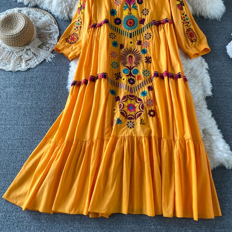 Vintage Women Floral Embroidery Beach Dress