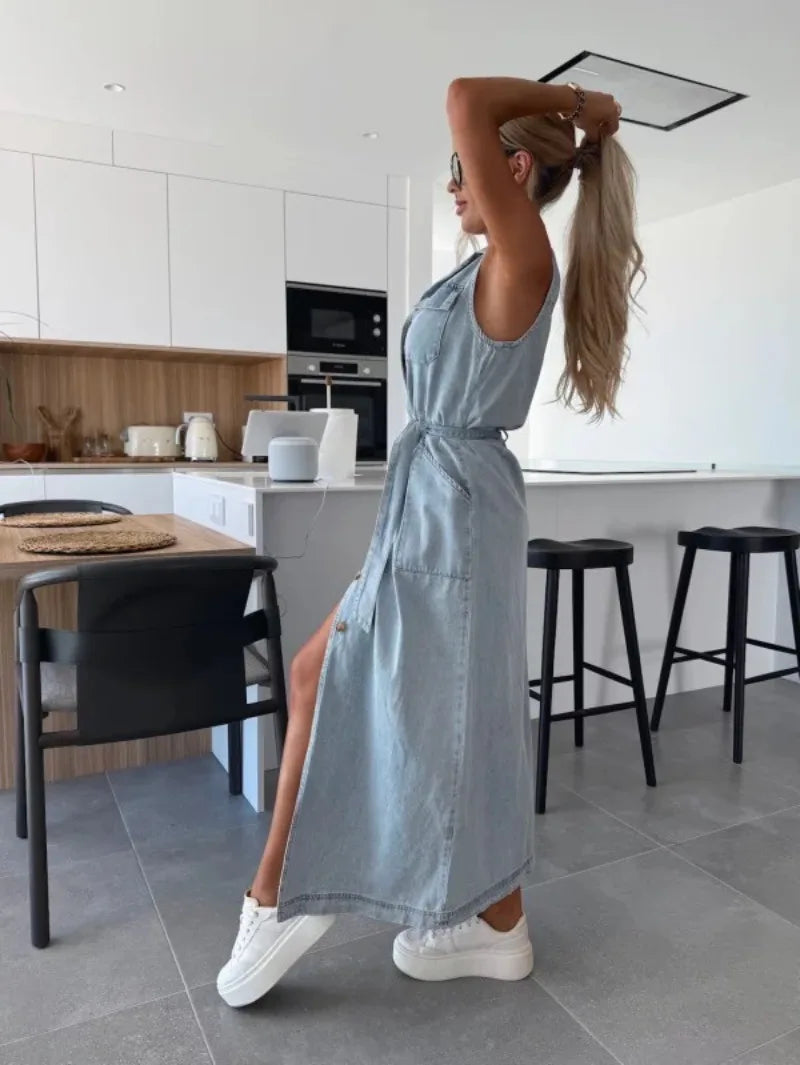 Casual Sleeveless Denim Maxi Shirt