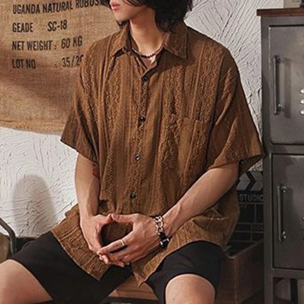 Men Casual Loose Hollow Out Short Sleeve Shirt