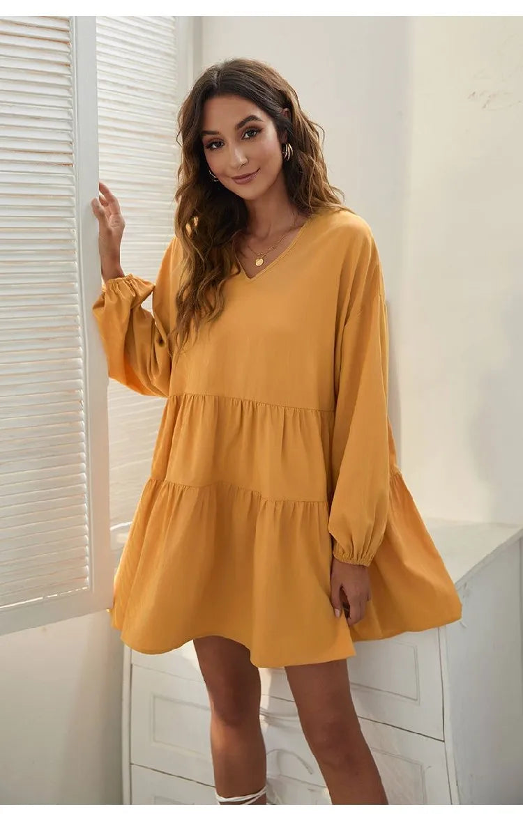 Women's Loose V-Neck Casual Long Sleeve Dress