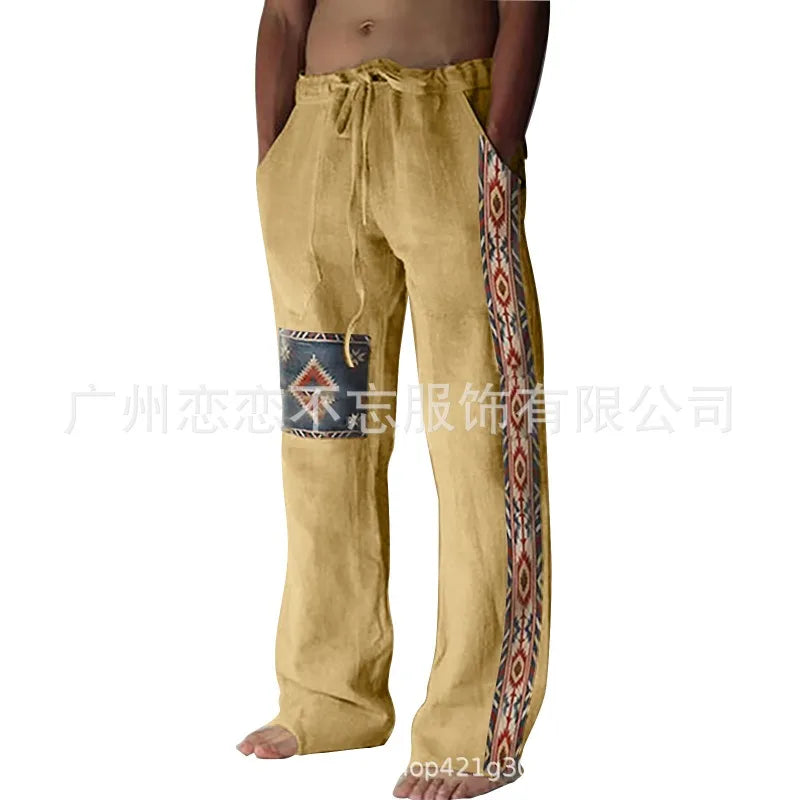 1 Mens Summer Beach Drawstring Ethnic Style Casual Straight Leg Trousers